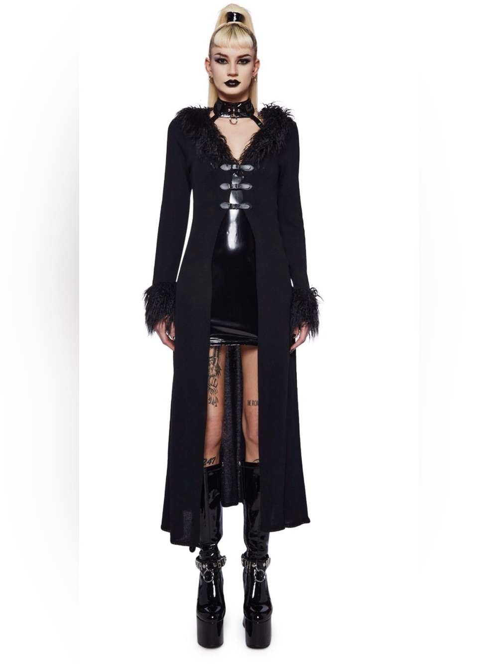Black Long Faux Fur Feather-Trim Knit Cardigan Sweater with buckles